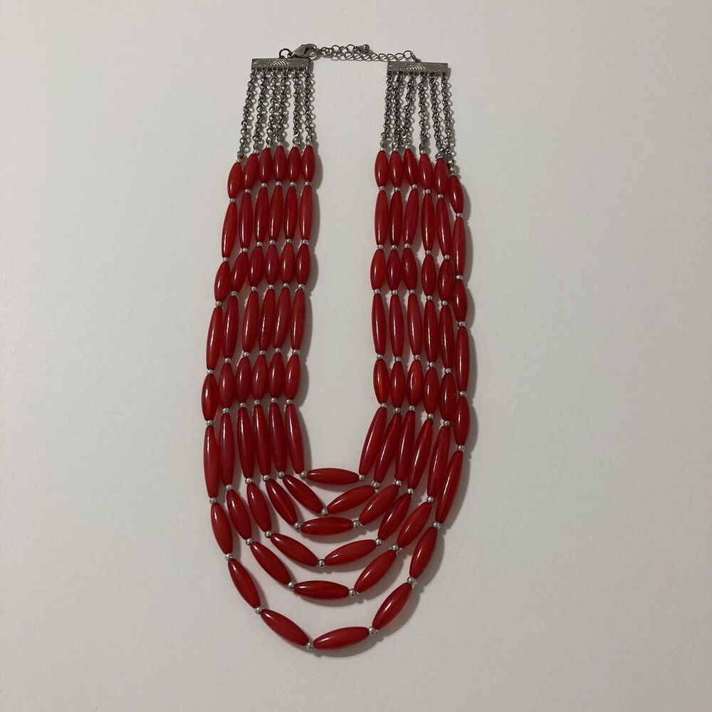 Red Silver Tone Multi-Strand Multi-Layered Beaded Statement Bib Necklace